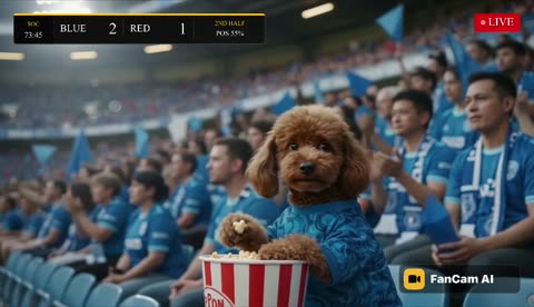 A poodle in a blue jersey eats popcorn in the stadium stands